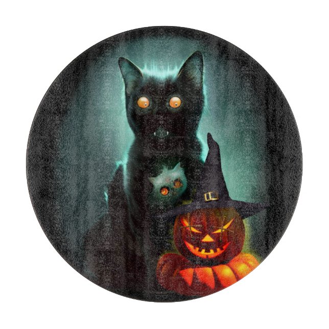 Tabla De Cortar Gato de vampiros y mago calabaza Halloween Surreal (Anverso)