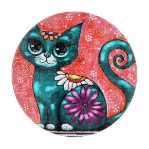 Tabla De Cortar Gato gatito gigante sentado en una alfombra floral