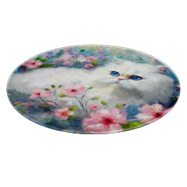 Tabla De Cortar Gato gitano blanco persa ojos azules en flores ros