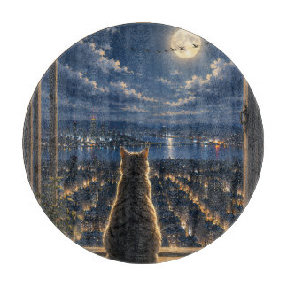Tabla De Cortar Gato iluminado por la luna mirando la ventana noct