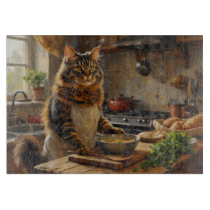 Tabla De Cortar Gato Maine Coon cocinando en la cocina