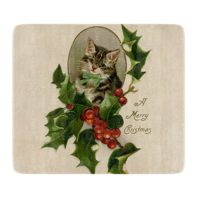 Tabla De Cortar Gato Navidades Merry Holly Kitten Arte Antiguo (Anverso)