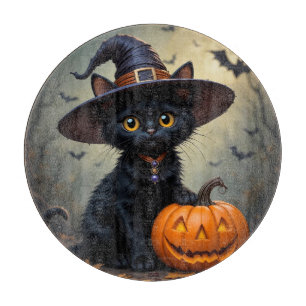 Tabla De Cortar Gato negro adorable que lleva sombrero de bruja