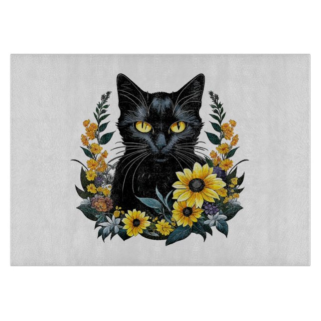 Tabla De Cortar gato negro con flores (Anverso)