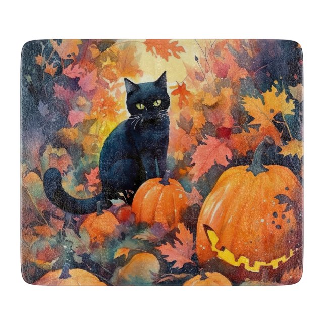 Tabla De Cortar Gato negro de Halloween con calabazas aterradoras (Anverso)