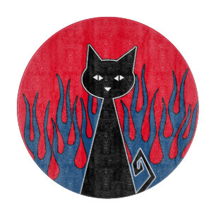 Tabla De Cortar Gato negro de llamas azules