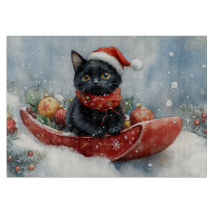 Tabla De Cortar Gato Negro en Trineo Deja que Nieve Navidad