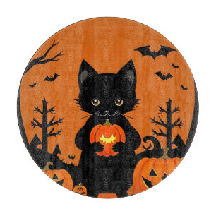 Tabla De Cortar Gato negro lindo con calabazas de Halloween