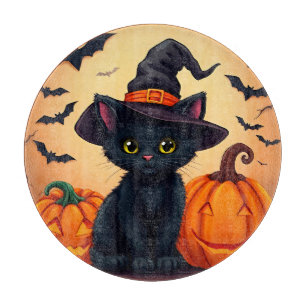 Tabla De Cortar Gato negro lindo con sombrero de bruja rodeado de