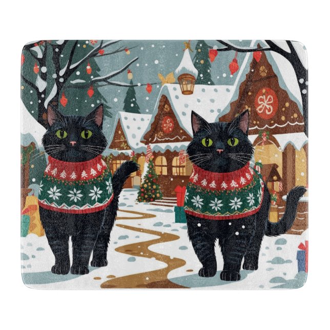 Tabla De Cortar Gato Negro Navidad Nieve Fiesta (Anverso)