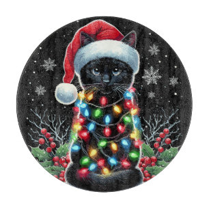 Tabla De Cortar Gato Negro Navidad Sombrero de Santa Divertido Gat