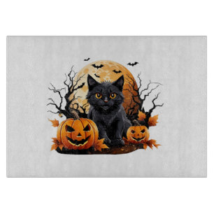 Tabla De Cortar Gato negro rodeado de calabazas