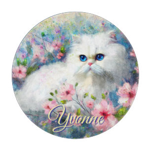 Tabla De Cortar Gato Persa Ojos Azules en Flores Rosas Personaliza