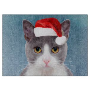 Tabla De Cortar Gato usando retrato de Navidades de Santa Hat