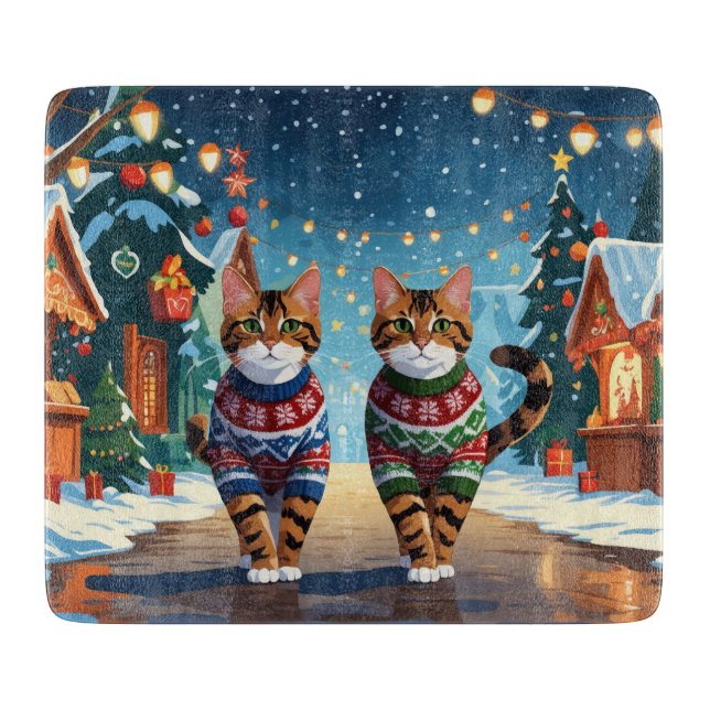Tabla De Cortar Gatos Bengalíes Navidad Nieve Fiesta (Anverso)