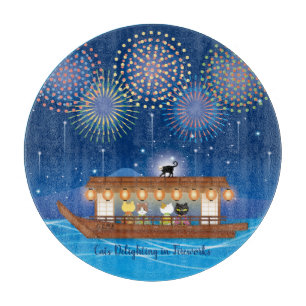 Tabla De Cortar Gatos deslumbrando en fuegos artificiales a bordo 