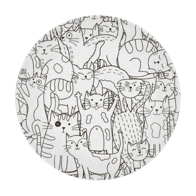 Tabla De Cortar Gatos Doodle: blanco y negro. (Anverso)