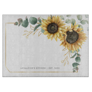 Tabla De Cortar Girasol Eucalipto Floral Oro Geométrico 