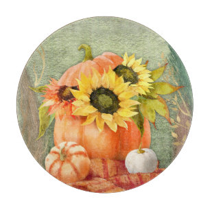 Tabla De Cortar Girasoles Amarillos De Otoño Y Calabazas