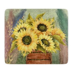 Tabla De Cortar Girasoles Amarillos En Caja De Madera De Casa De C