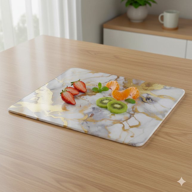 Tabla De Cortar Glamoroso efecto de mármol de oro (Gold and white marble effect chopping board with freshly sliced fruit.)