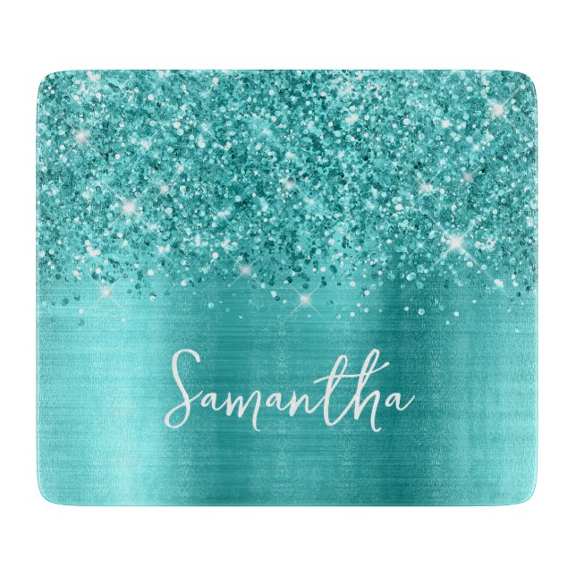 Tabla De Cortar Glittery Turquoise Blue Glam Name (Anverso)