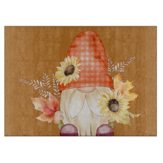 Tabla De Cortar Gnome de otoño con girasoles (Anverso)