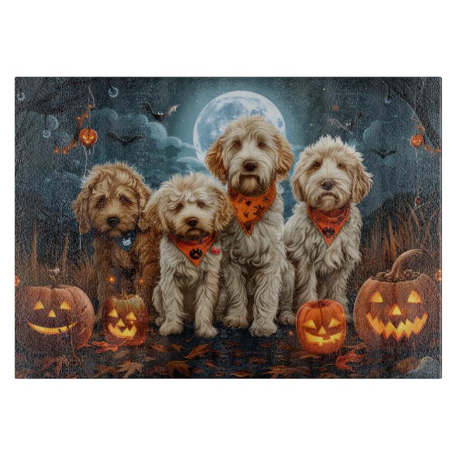 Tabla De Cortar Goldendoodle Halloween Spooky (Anverso)