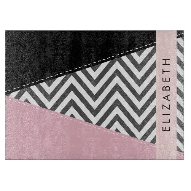 Tabla De Cortar Gray Zigzag, Gray Chevron, Pink, Tu Nombre (Anverso)