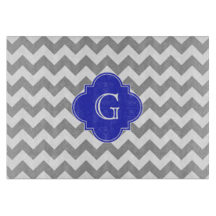 Tabla De Cortar Gris Blanco Chevron Azul Cobalto Cuatrifolio Monog