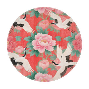 Tabla De Cortar Grullas Japonesas Peonías Rojo Chinoiserie Eleganc