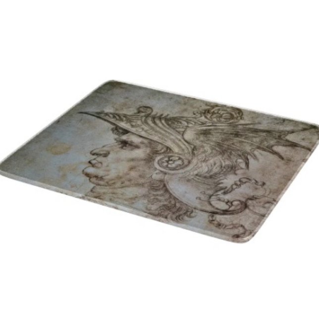 Tabla De Cortar Guerrero con casco de Leonardo (Da Vinci’s Ancient Warrior Sketch hand-pressed tempered glass cutting board five different sizes.

)