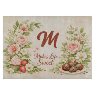 Tabla De Cortar Hace que la Vida sea Dulce – Floral con Iniciales