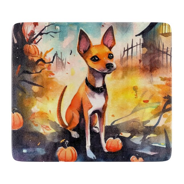 Tabla De Cortar Halloween Basenji con calabazas temerosas (Anverso)