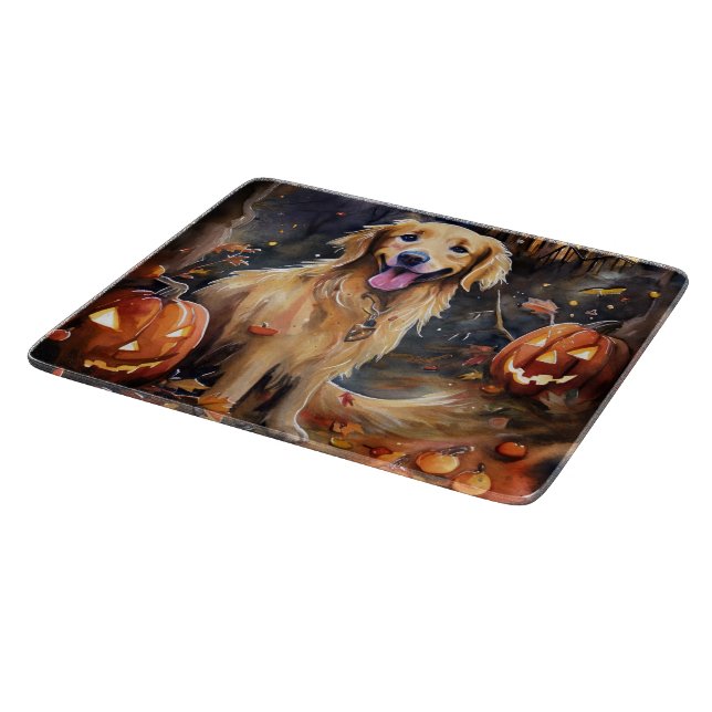 Tabla De Cortar Halloween Golden Retriever con calabazas aterrador (Borde)