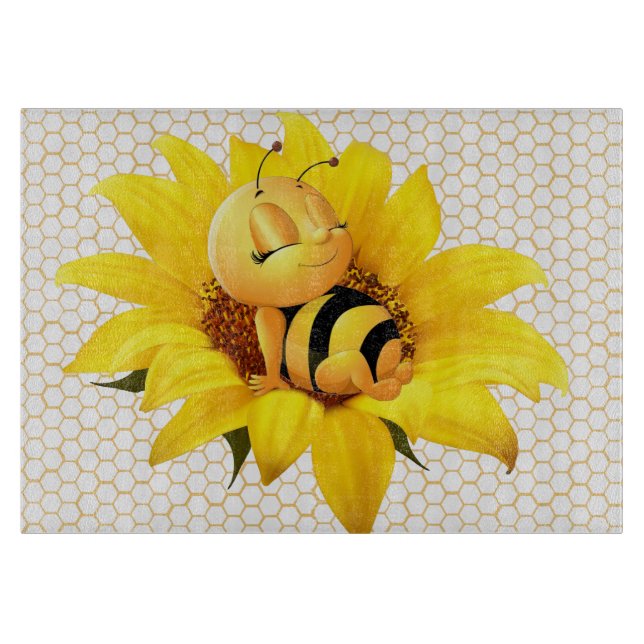 Tabla De Cortar Hermosa bebé bebe miel abeja girasol amarillo (Anverso)