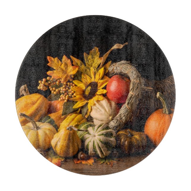 Tabla De Cortar Hermosa Cornucopia Llena De Gourds De Otoño (Anverso)