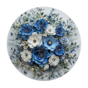 Tabla De Cortar Hermoso arreglo floral azul y blanco