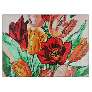 Tabla De Cortar Hermoso Bouquet Floral Tulipanes Arte Contorno Neg