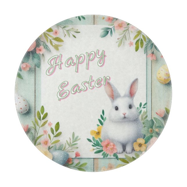 Tabla De Cortar Hermoso conejito de Pascua con flores (Anverso)
