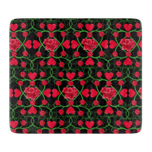 Tabla De Cortar Hermosos corazones rojos Rosas negras Día de San V