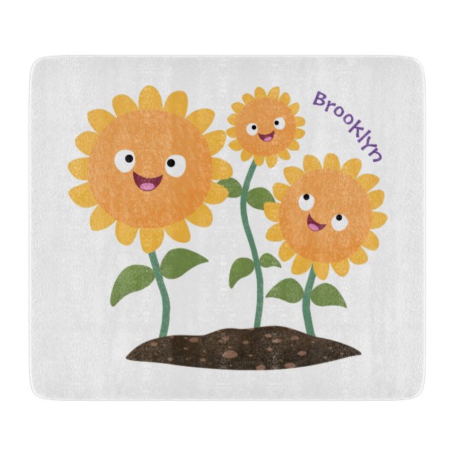 Tabla De Cortar Hermosos girasoles alegres sonrientes ilustracion  (Anverso)