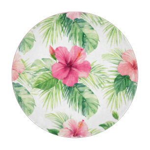 Tabla De Cortar Hibisco Rosa Palma Tropical Acuarela