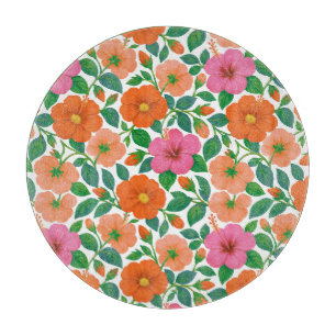 Tabla De Cortar Hibisco Tropical en Rosa, Melocotón y Naranja