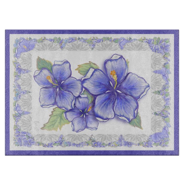 Tabla De Cortar Hibiscus & lace BLUE (Anverso)