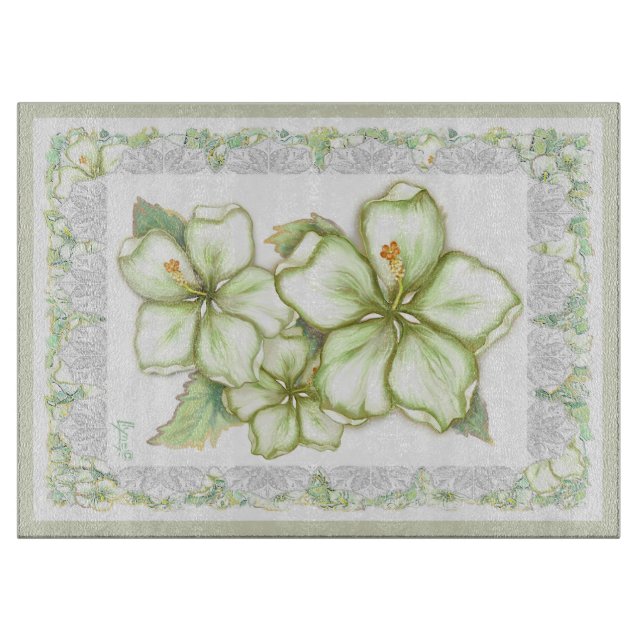 Tabla De Cortar Hibiscus & lace WHITE (Anverso)