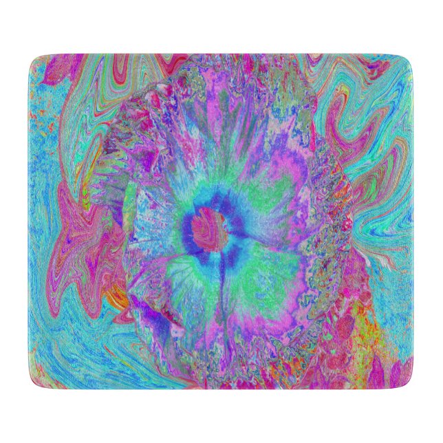 Tabla De Cortar Hibiscus psicodélico retro arcoiris azul (Anverso)