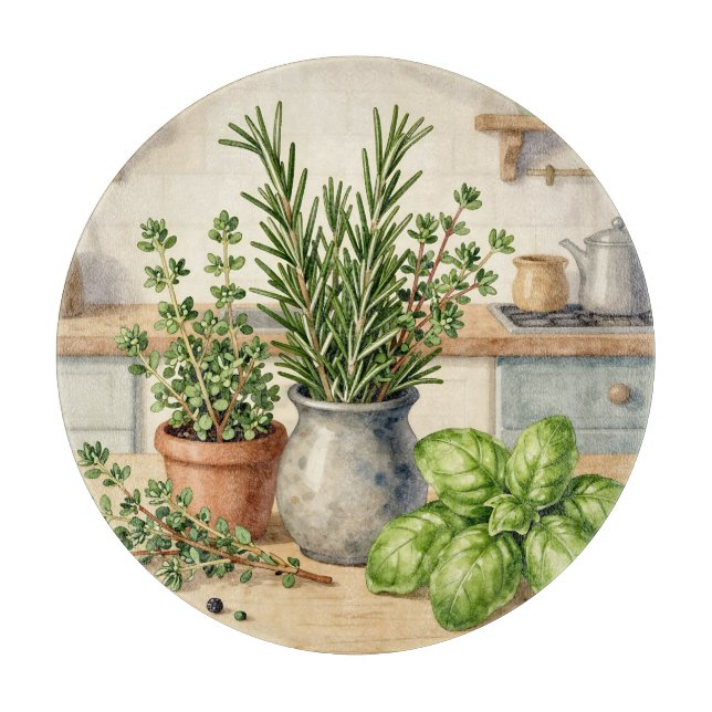 Tabla De Cortar Hierbas frescas de cocina acuarela (Anverso)
