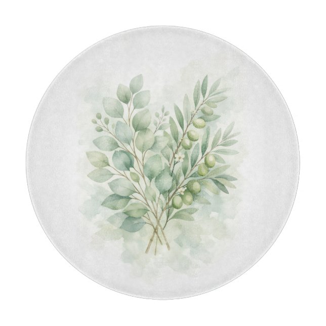 Tabla De Cortar Hojas de Acuarela Botánica Verde Pastel (Anverso)