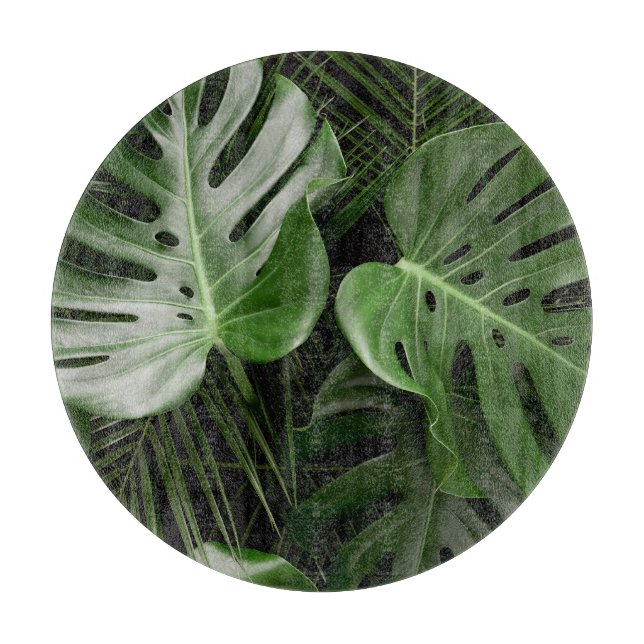 Tabla De Cortar Hojas de Monstera, diseño tropical de lujo. (Anverso)